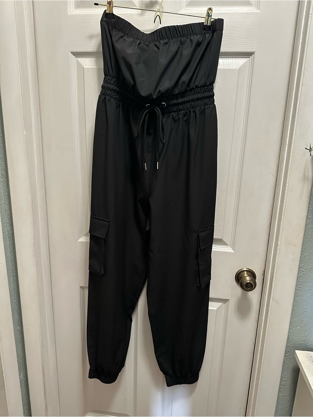 Strapless Black Cargo Jumpsuit with Drawstring Waist